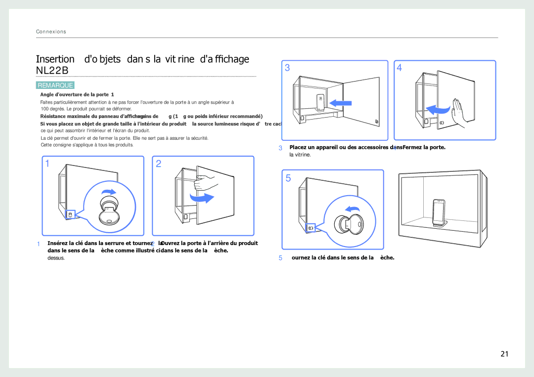 Samsung LH22NLBVLVC/EN manual Insertion dobjets dans la vitrine daffichage NL22B 