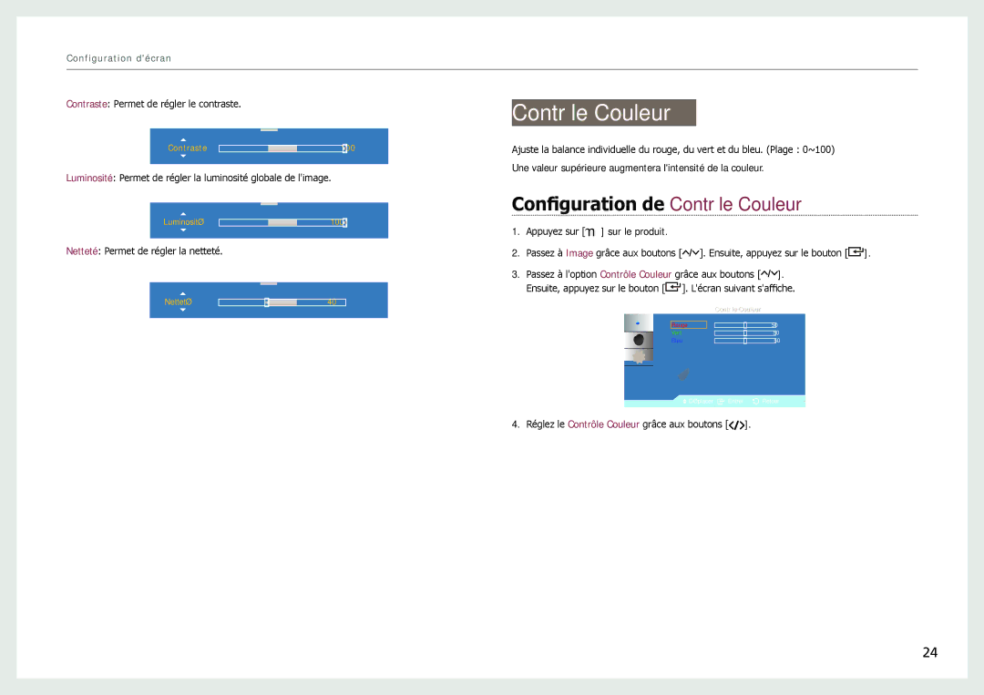 Samsung LH22NLBVLVC/EN manual Configuration de Contrôle Couleur 