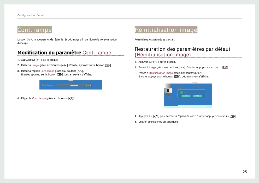 Samsung LH22NLBVLVC/EN manual Réinitialisation image, Modification du paramètre Cont. lampe 