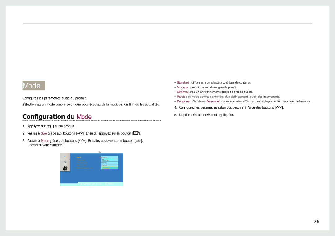 Samsung LH22NLBVLVC/EN manual Configuration des paramètres audio, Mode 