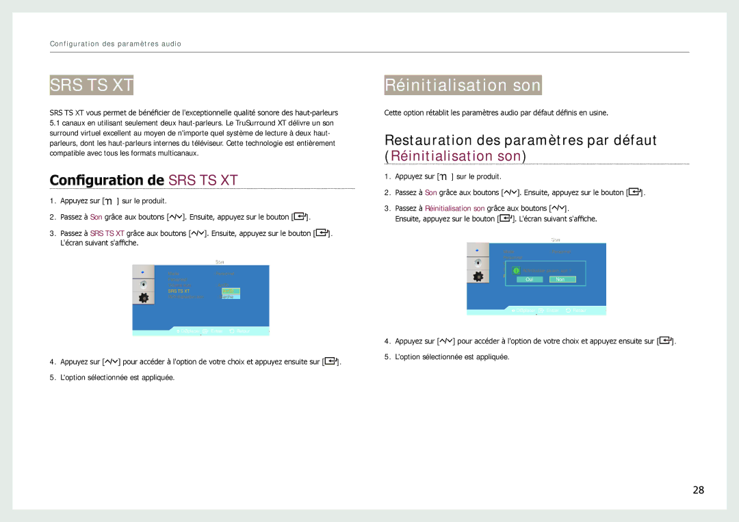 Samsung LH22NLBVLVC/EN manual Réinitialisation son, Configuration de SRS TS XT 