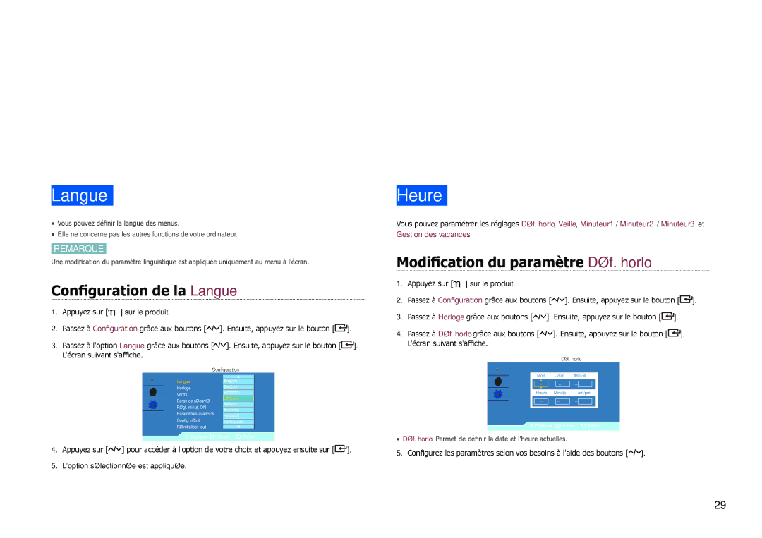 Samsung LH22NLBVLVC/EN manual Configuration et réinitialisation, Configuration de la Langue 