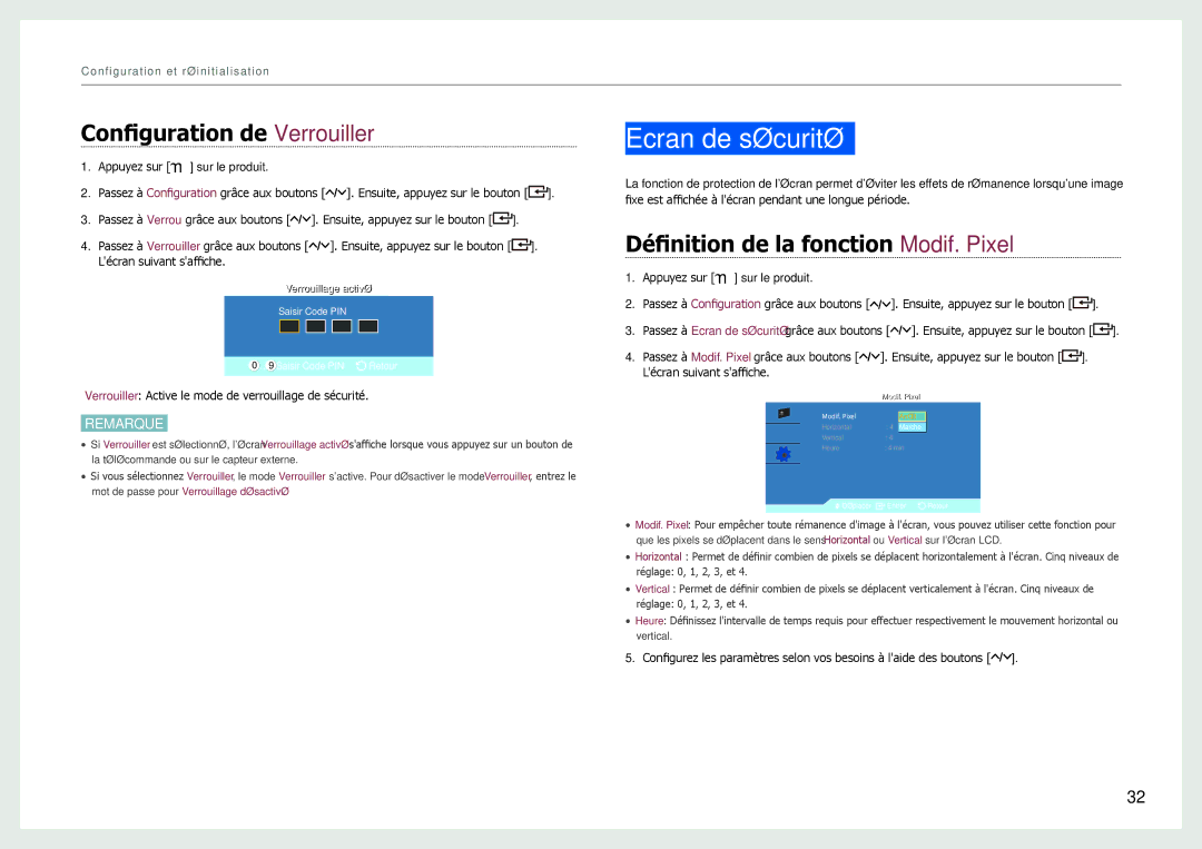Samsung LH22NLBVLVC/EN manual Ecran de sécurité, Configuration de Verrouiller, Définition de la fonction Modif. Pixel 