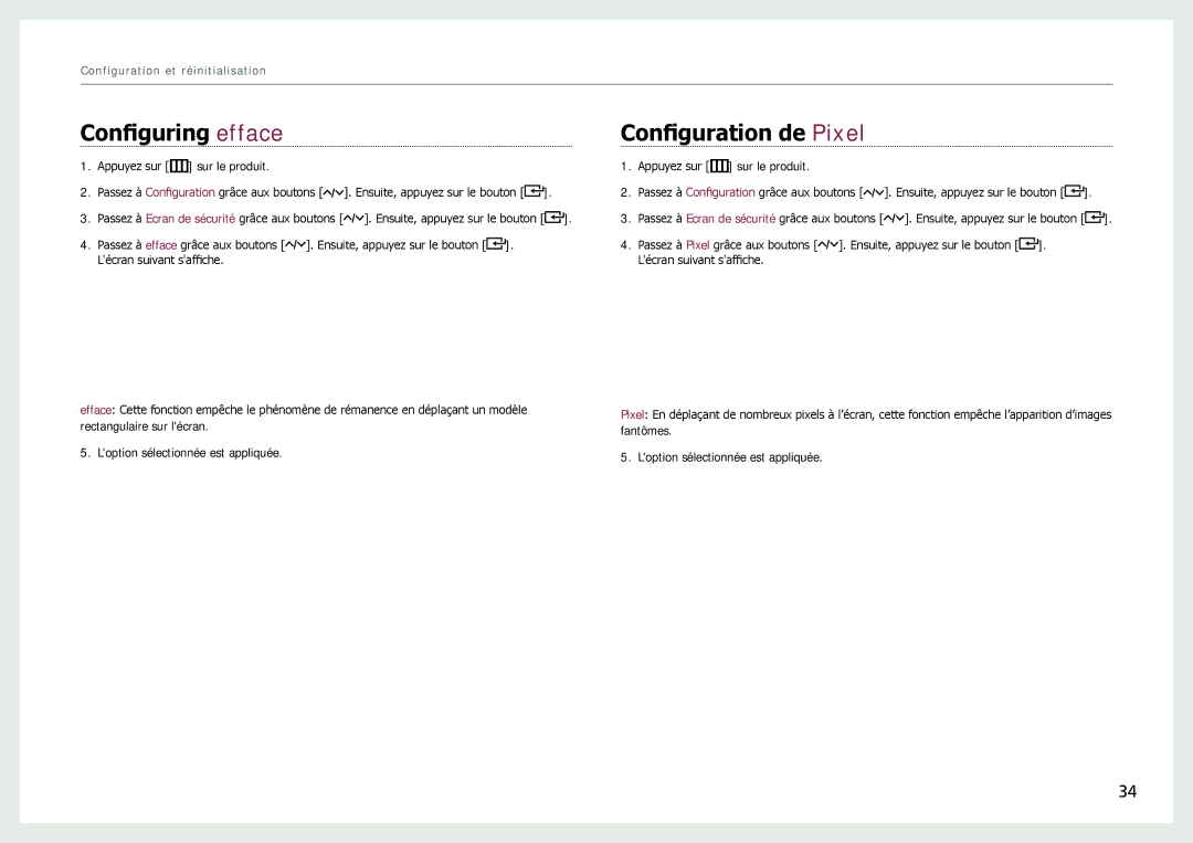 Samsung LH22NLBVLVC/EN manual Configuring efface, Configuration de Pixel 