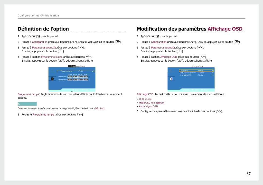 Samsung LH22NLBVLVC/EN manual Définition de loption Programme lampe, Modification des paramètres Affichage OSD 