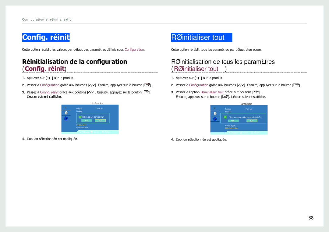 Samsung LH22NLBVLVC/EN manual Réinitialiser tout, Réinitialisation de la configuration Config. réinit 