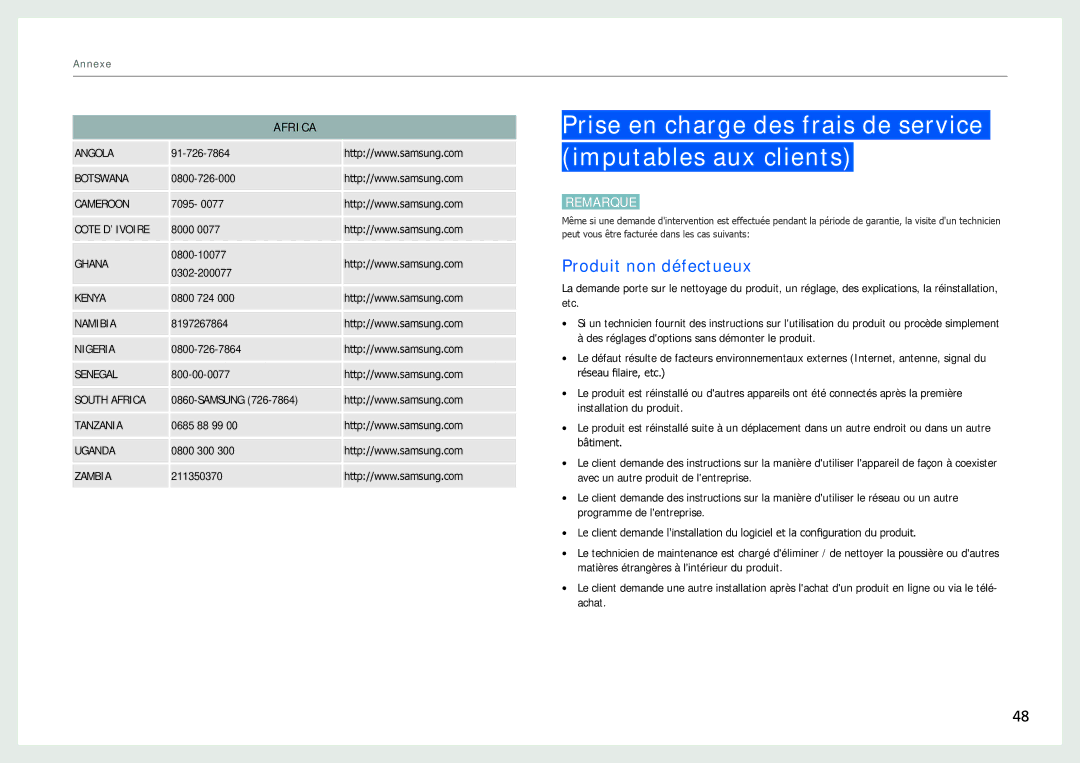 Samsung LH22NLBVLVC/EN manual Prise en charge des frais de service imputables aux clients, Produit non défectueux 