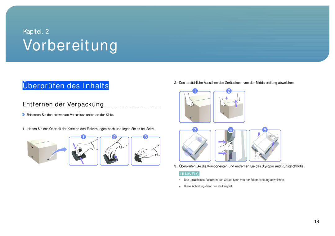 Samsung LH22NLBVLVC/EN manual Vorbereitung, Überprüfen des Inhalts, Entfernen der Verpackung 