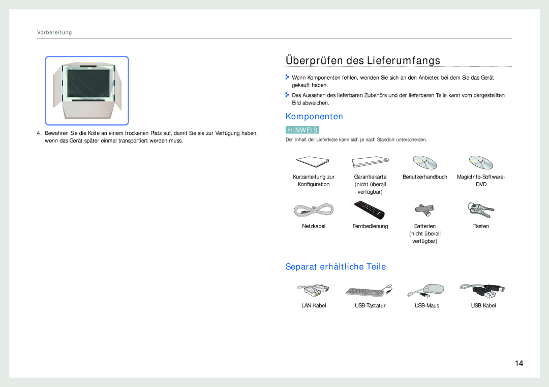 Samsung LH22NLBVLVC/EN manual Überprüfen des Lieferumfangs, Komponenten, Separat erhältliche Teile 