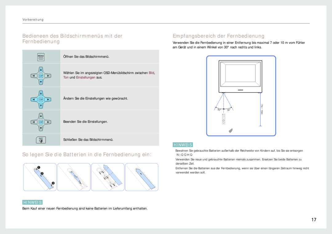 Samsung LH22NLBVLVC/EN manual Bedieneen des Bildschirmmenüs mit der Fernbedienung, Empfangsbereich der Fernbedienung 