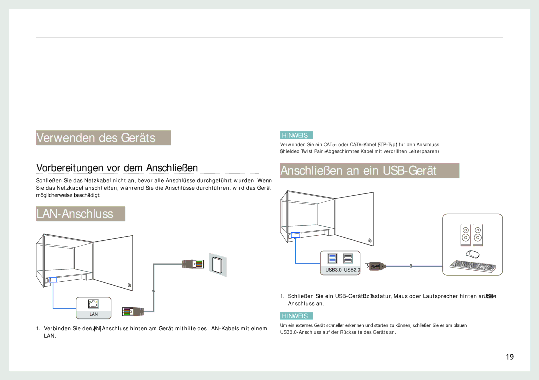 Samsung LH22NLBVLVC/EN manual Anschlüsse, Verwenden des Geräts, LAN-Anschluss, Anschließen an ein USB-Gerät 