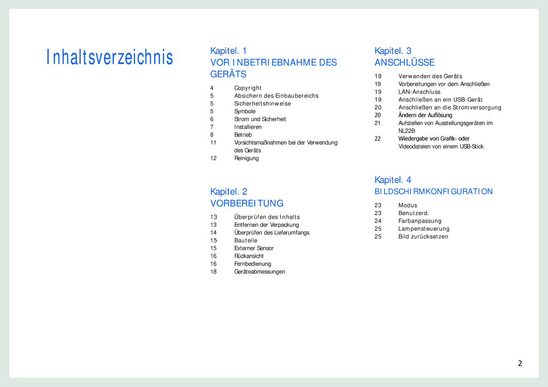 Samsung LH22NLBVLVC/EN manual Inhaltsverzeichnis 