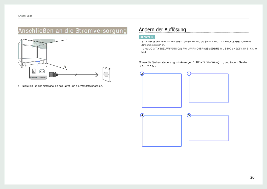 Samsung LH22NLBVLVC/EN manual Anschließen an die Stromversorgung, Ändern der Auflösung 