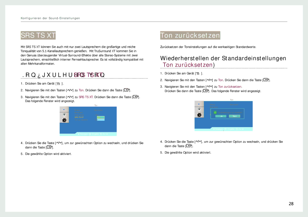 Samsung LH22NLBVLVC/EN manual Ton zurücksetzen, Konfigurieren von SRS TS XT 