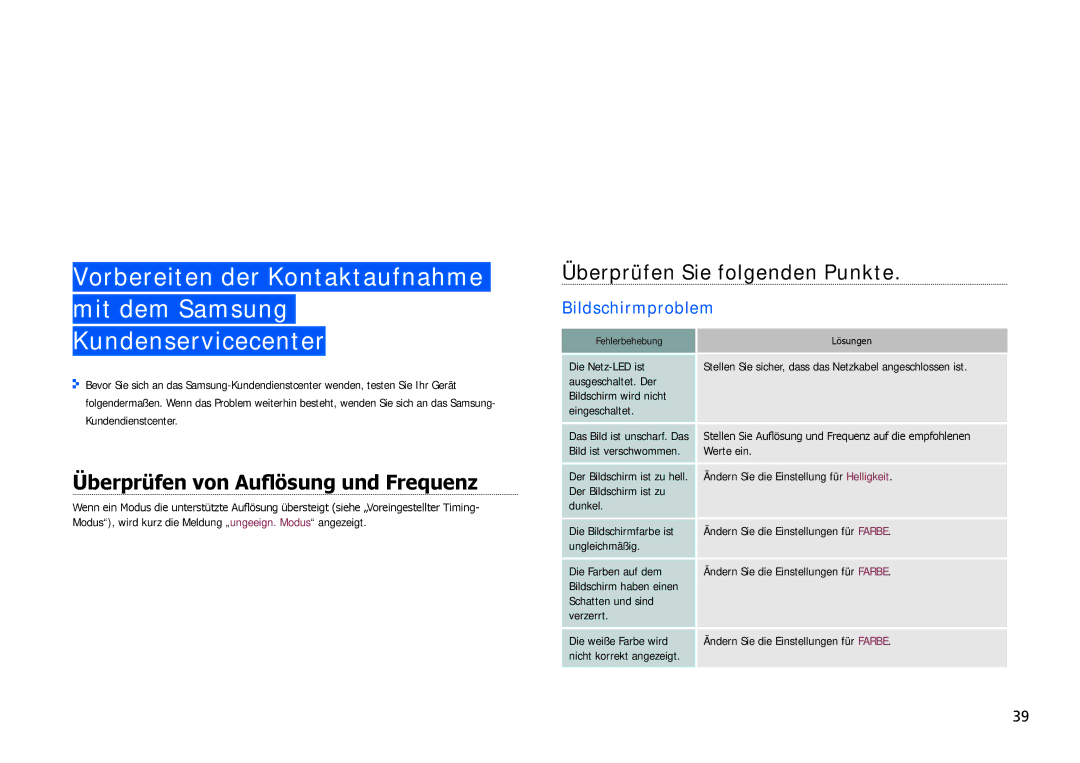 Samsung LH22NLBVLVC/EN Handbuch zur Fehlerbehebung, Überprüfen von Auflösung und Frequenz, Überprüfen Sie folgenden Punkte 