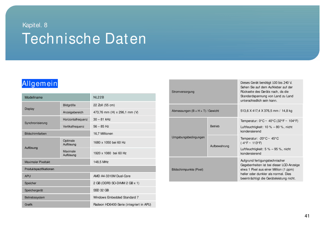 Samsung LH22NLBVLVC/EN manual Allgemein, Modellname 