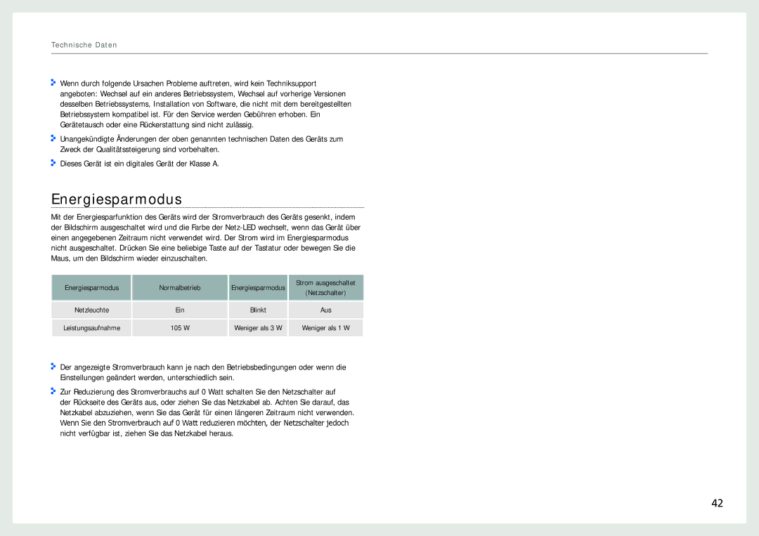 Samsung LH22NLBVLVC/EN manual Energiesparmodus, Technische Daten 