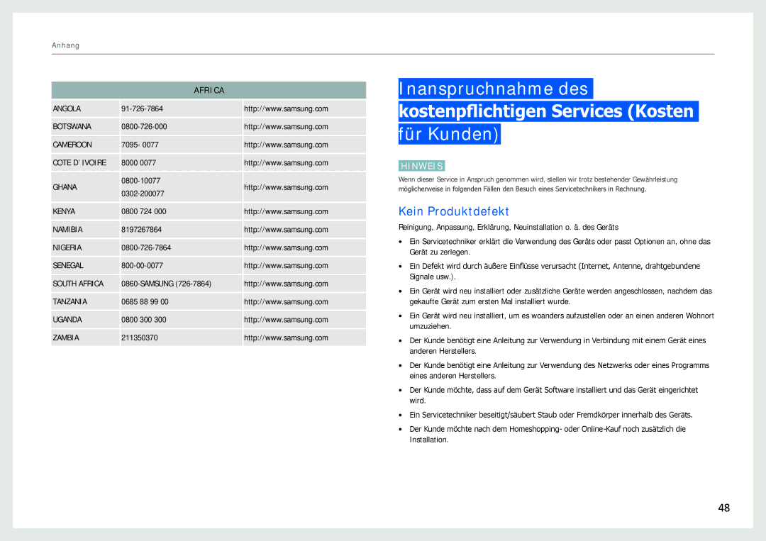 Samsung LH22NLBVLVC/EN manual Kein Produktdefekt, Africa 