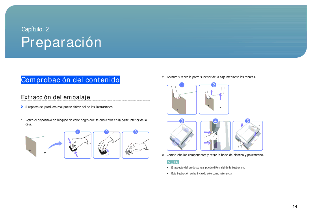 Samsung LH22NLBVLVC/EN manual Preparación, Comprobación del contenido, Extracción del embalaje 