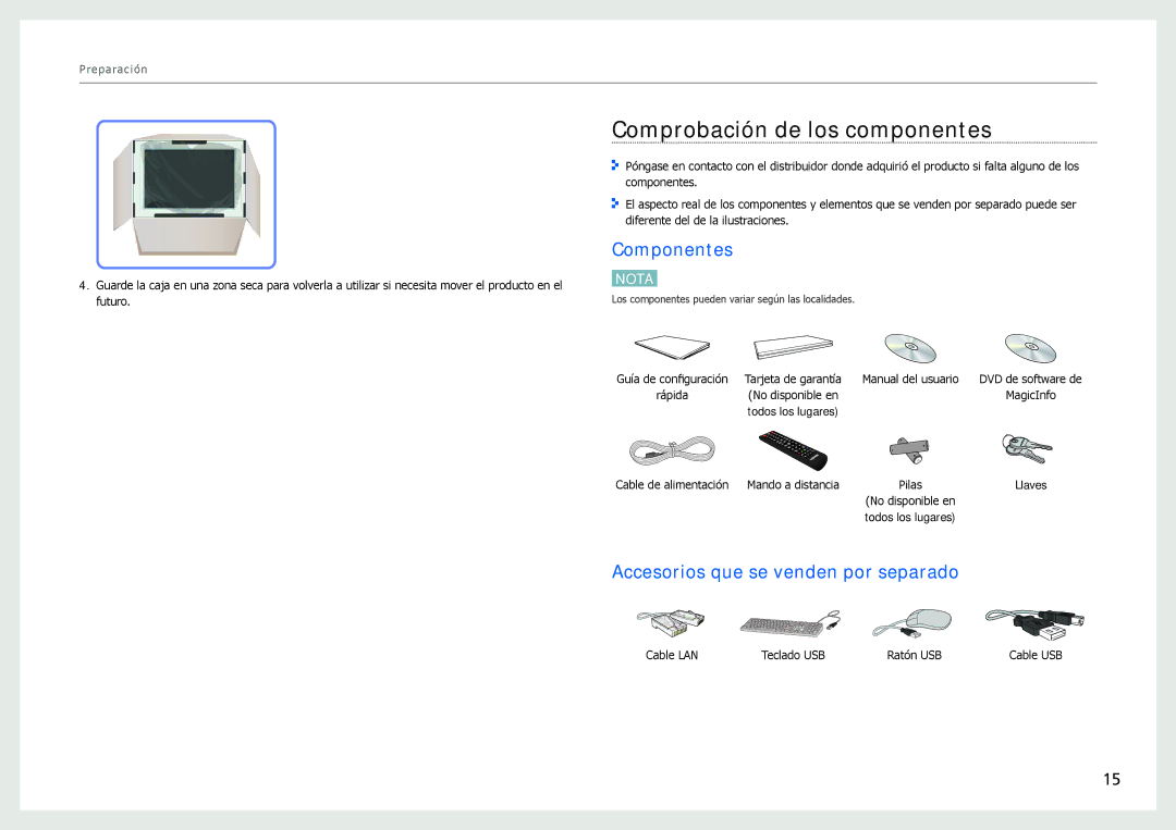 Samsung LH22NLBVLVC/EN manual Comprobación de los componentes, Componentes, Accesorios que se venden por separado 