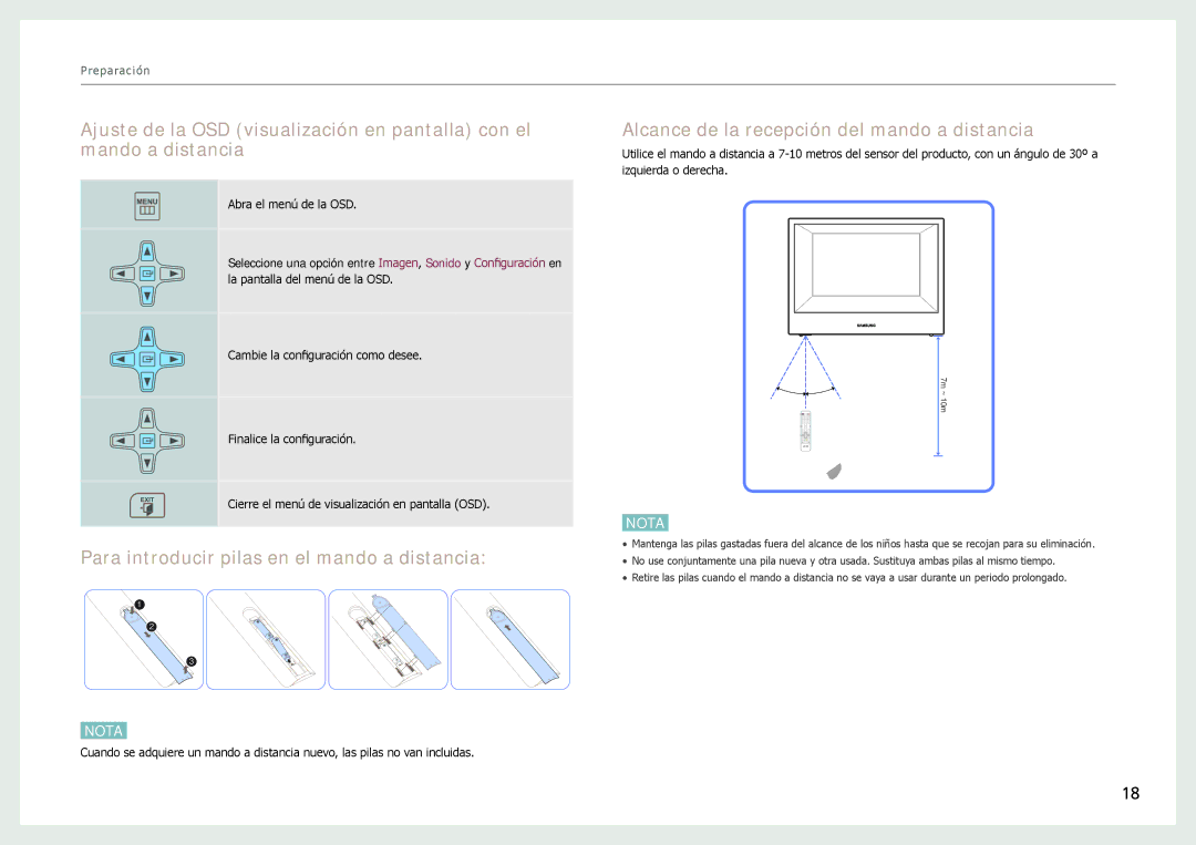 Samsung LH22NLBVLVC/EN manual Para introducir pilas en el mando a distancia, Alcance de la recepción del mando a distancia 