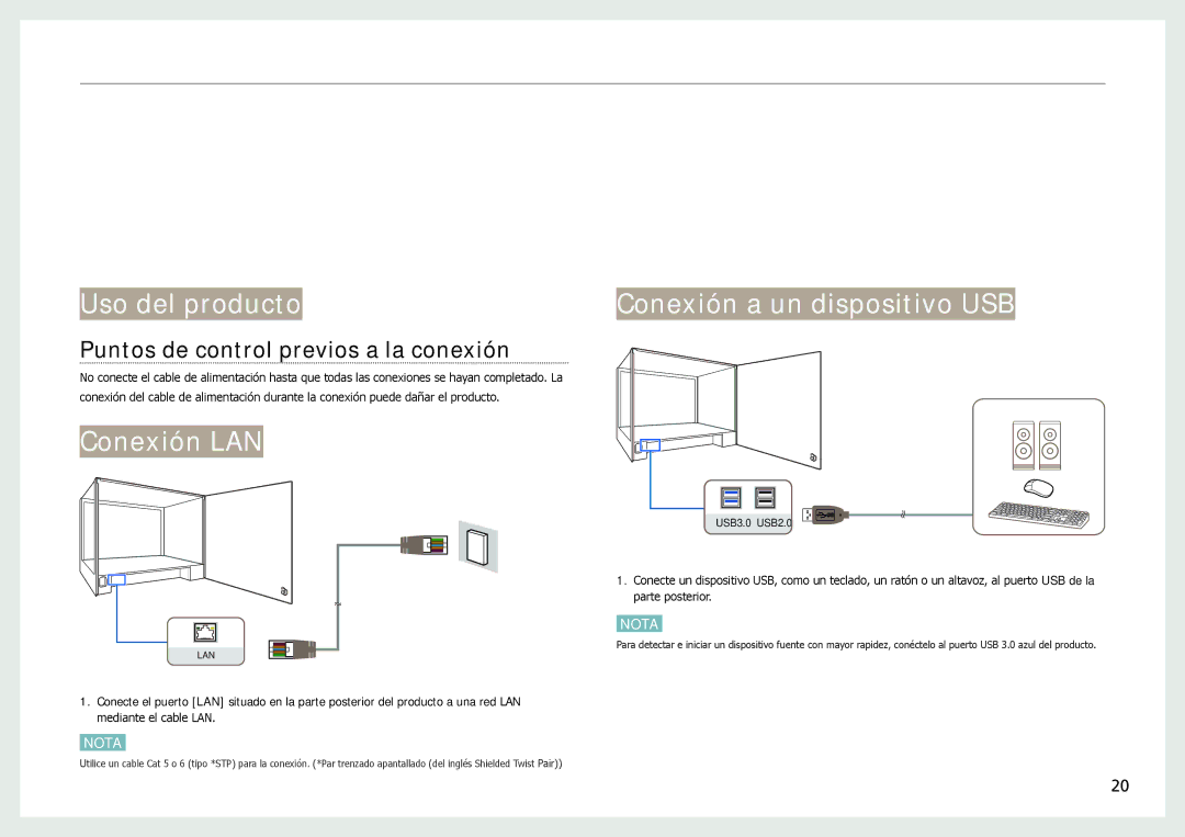 Samsung LH22NLBVLVC/EN manual Conexiones, Uso del producto, Conexión LAN, Puntos de control previos a la conexión 