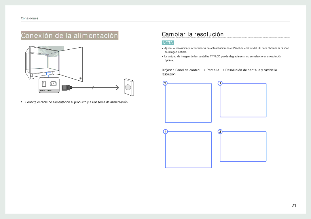 Samsung LH22NLBVLVC/EN manual Conexión de la alimentación, Cambiar la resolución 