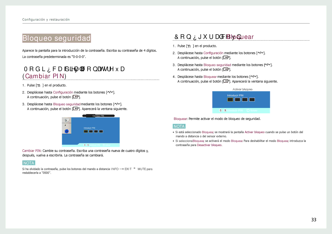 Samsung LH22NLBVLVC/EN manual Bloqueo seguridad, Modificación de la contraseña Cambiar PIN, Configuración de Bloquear 
