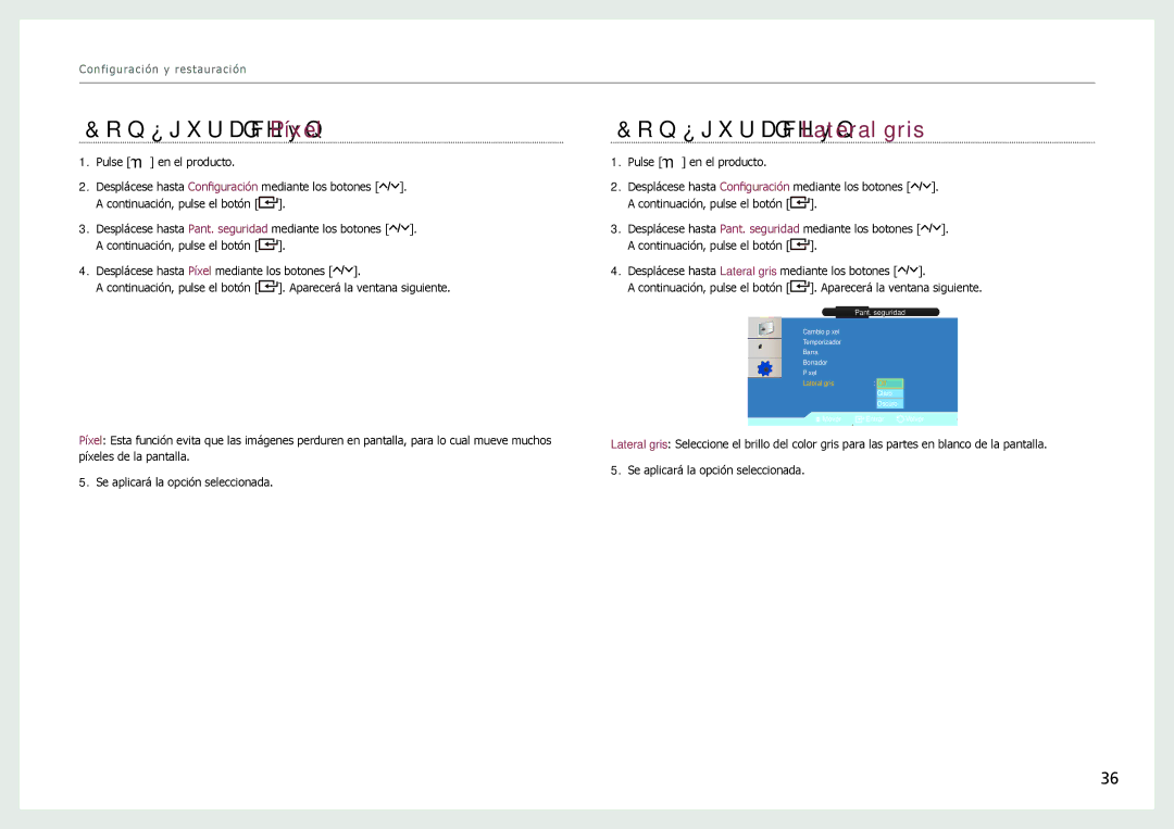 Samsung LH22NLBVLVC/EN manual Configuración de Píxel, Configuración de Lateral gris 