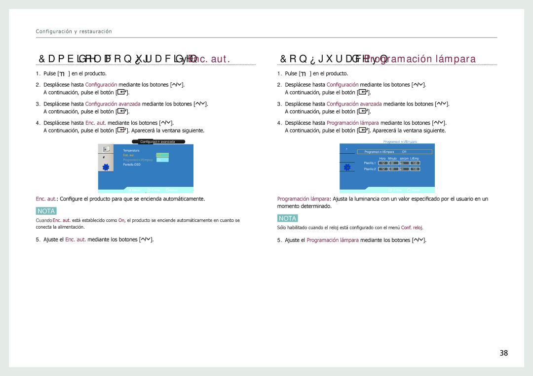 Samsung LH22NLBVLVC/EN manual Cambio de la configuración de Enc. aut, Configuración de Programación lámpara 