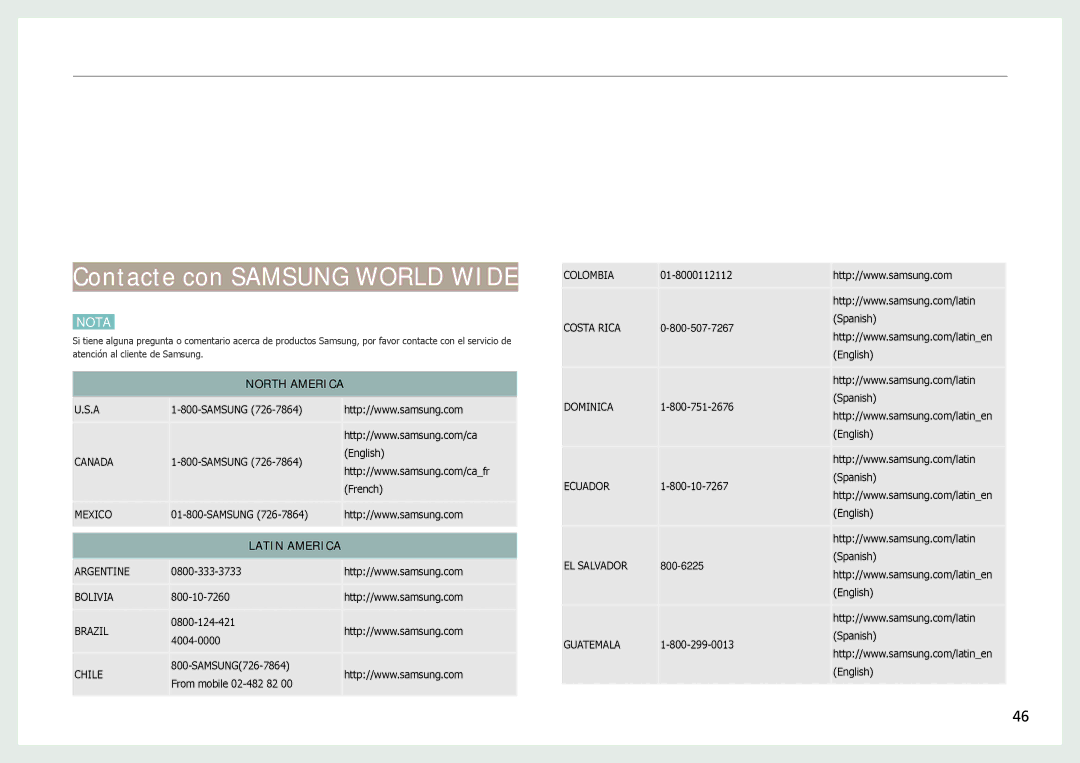 Samsung LH22NLBVLVC/EN manual Apéndice, Contacte con Samsung World Wide 