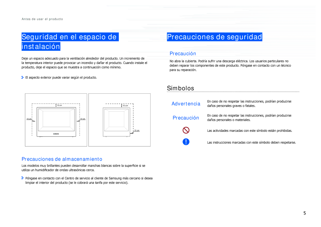 Samsung LH22NLBVLVC/EN manual Seguridad en el espacio de instalación, Precauciones de seguridad, Símbolos 