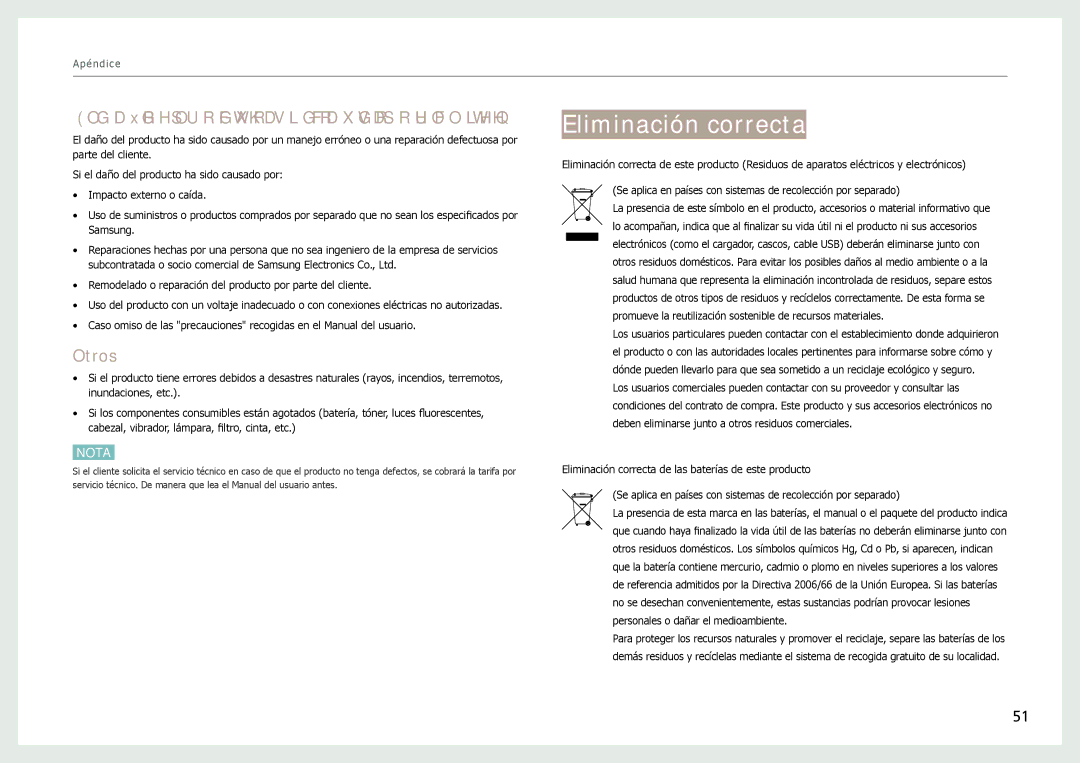 Samsung LH22NLBVLVC/EN manual Eliminación correcta, El daño del producto ha sido causado por el cliente, Otros 