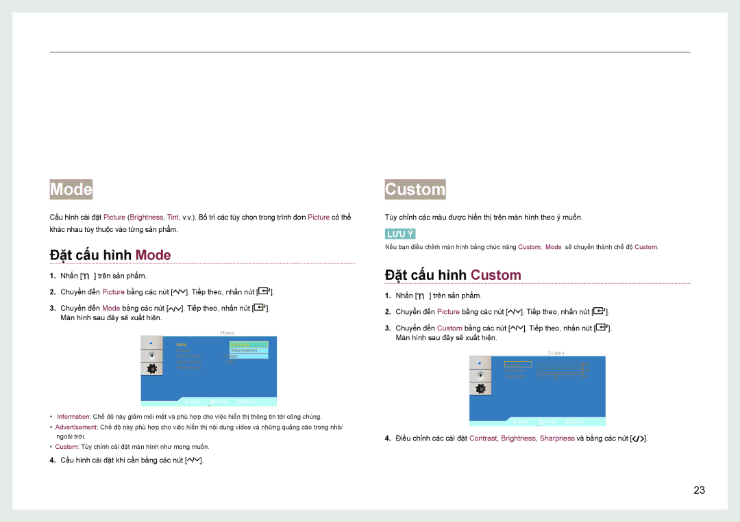 Samsung LH22NLBVLVC/EN manual Thiêt lâp màn hinh, Đăt câu hinh Mode, Đăt câu hinh Custom 
