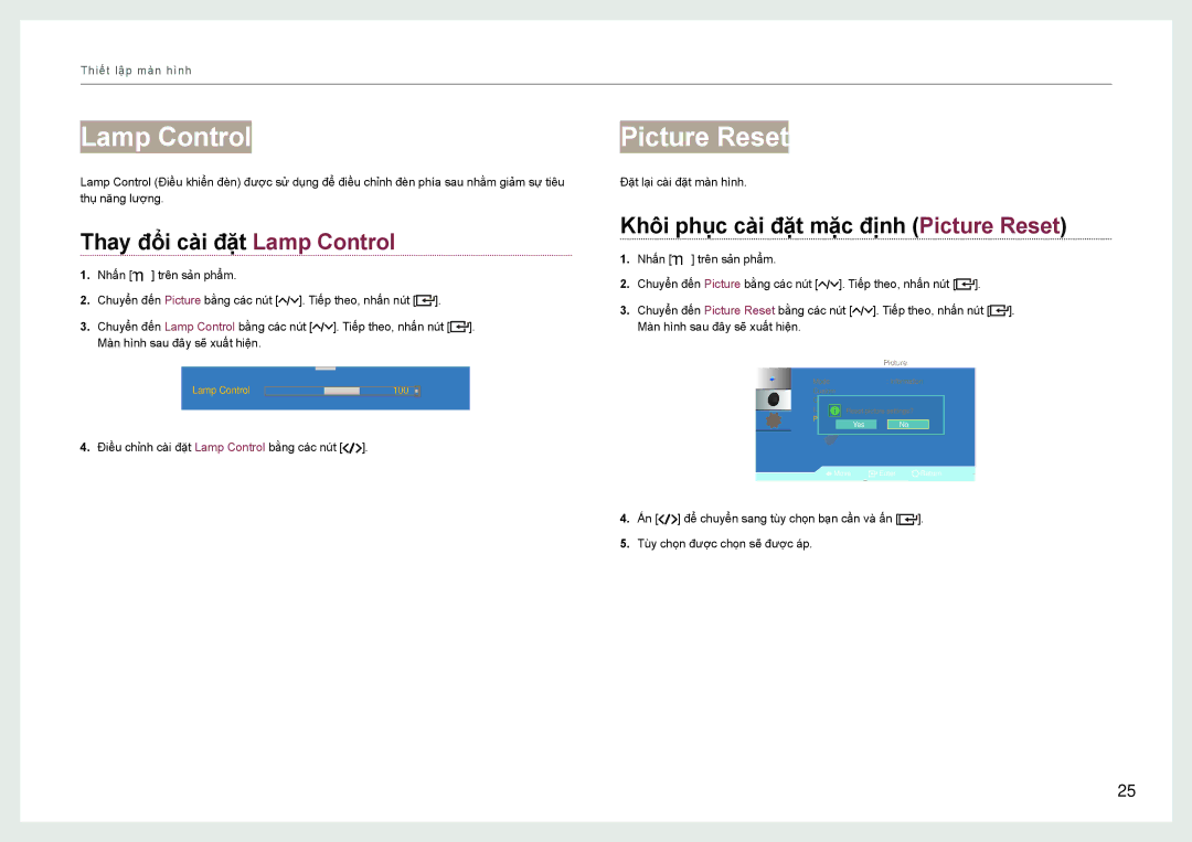 Samsung LH22NLBVLVC/EN manual Thay đổi cà̀i đặt Lamp Control, Khôi phuc cài đăt măc định Picture Reset 