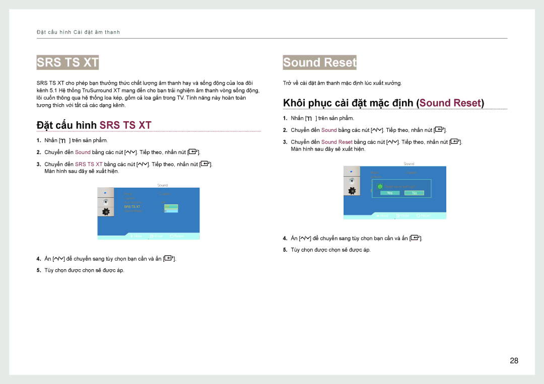 Samsung LH22NLBVLVC/EN manual Đăt câu hinh SRS TS XT, Khôi phuc cài đăt măc định Sound Reset 