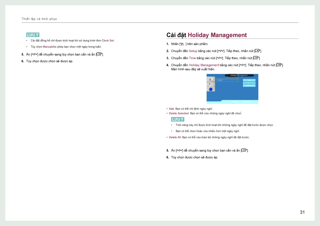 Samsung LH22NLBVLVC/EN manual Cà̀i đặt Holiday Management 