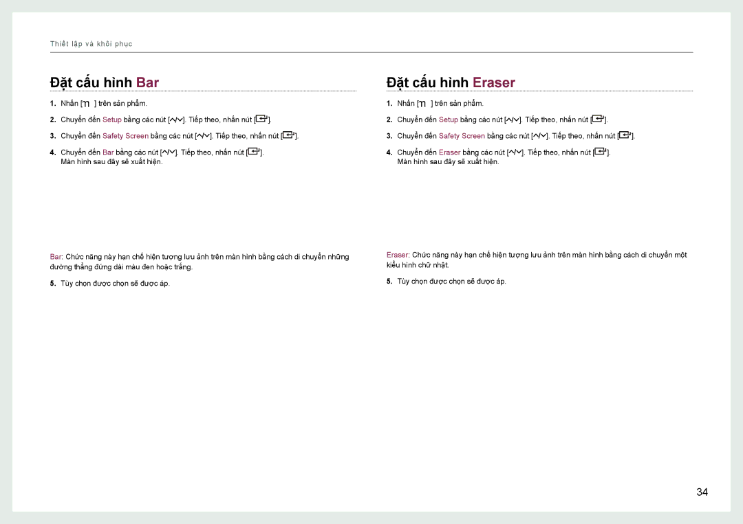 Samsung LH22NLBVLVC/EN manual Đăt câu hinh Bar, Đăt câu hinh Eraser 