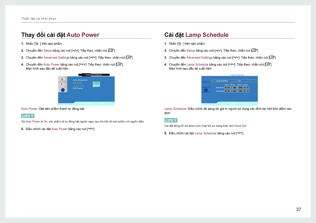 Samsung LH22NLBVLVC/EN manual Thay đổi cà̀i đặt Auto Power, Cà̀i đặt Lamp Schedule 