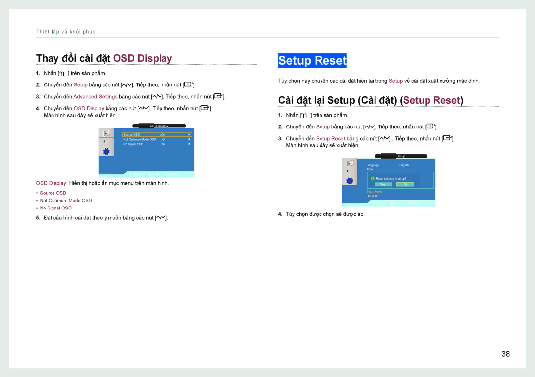 Samsung LH22NLBVLVC/EN manual Thay đổi cà̀i đặt OSD Display, Cà̀i đặt lạ̣i Setup Cà̀i đặt Setup Reset 