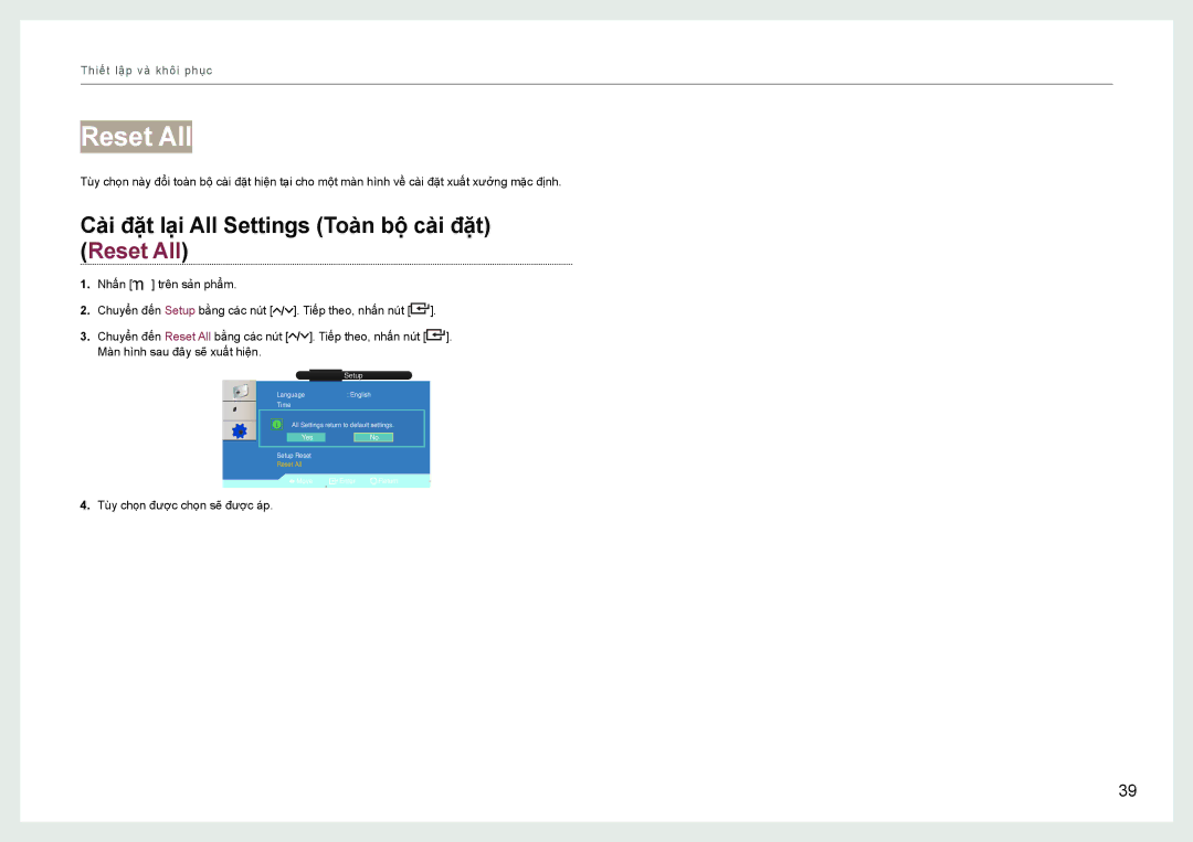 Samsung LH22NLBVLVC/EN manual Cà̀i đặt lạ̣i All Settings Toà̀n bộ cà̀i đặt Reset All 