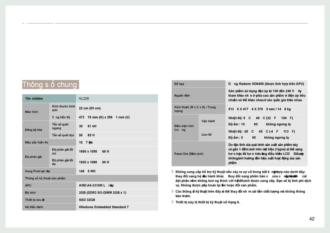 Samsung LH22NLBVLVC/EN manual Cac thông số kỹ thuật, Thông sô chung 