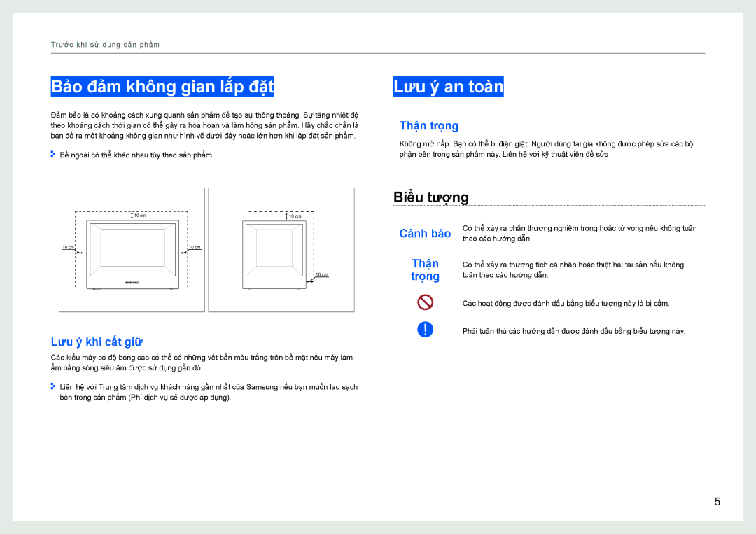 Samsung LH22NLBVLVC/EN manual Bả̉o đả̉m không gian lắp đặt, Lưu ý an toàn, Biêu tương 