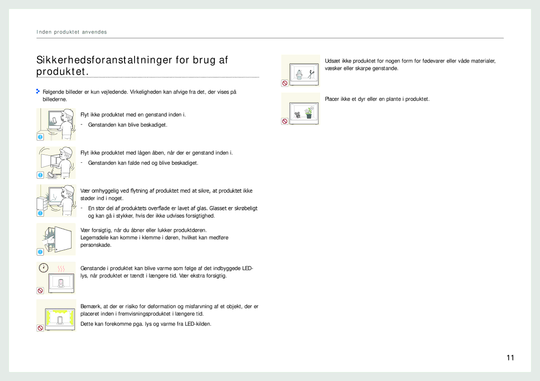 Samsung LH22NLBVLVC/EN manual Sikkerhedsforanstaltninger for brug af produktet 