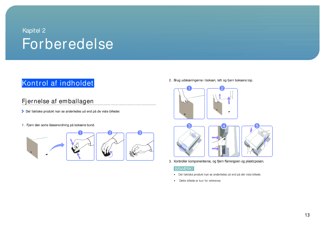 Samsung LH22NLBVLVC/EN manual Kontrol af indholdet, Fjernelse af emballagen 