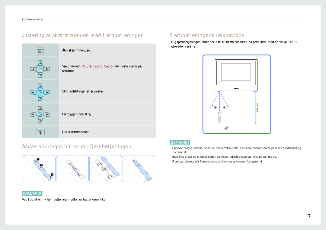 Samsung LH22NLBVLVC/EN manual Justering af skærmmenuen med fjernbetjeningen, Sådan anbringes batterier i fjernbetjeningen 