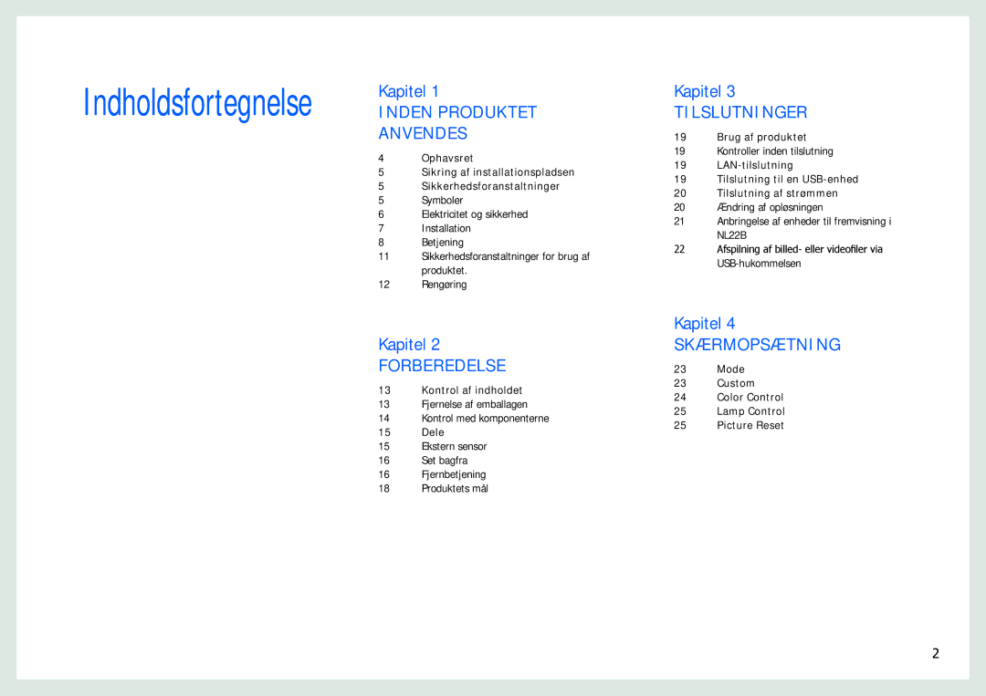 Samsung LH22NLBVLVC/EN manual Indholdsfortegnelse 