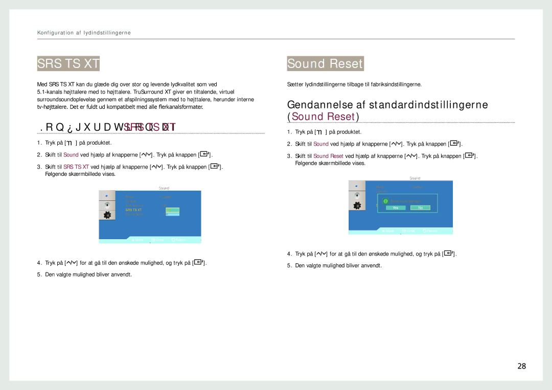 Samsung LH22NLBVLVC/EN manual Konfiguration af SRS TS XT, Gendannelse af standardindstillingerne Sound Reset 