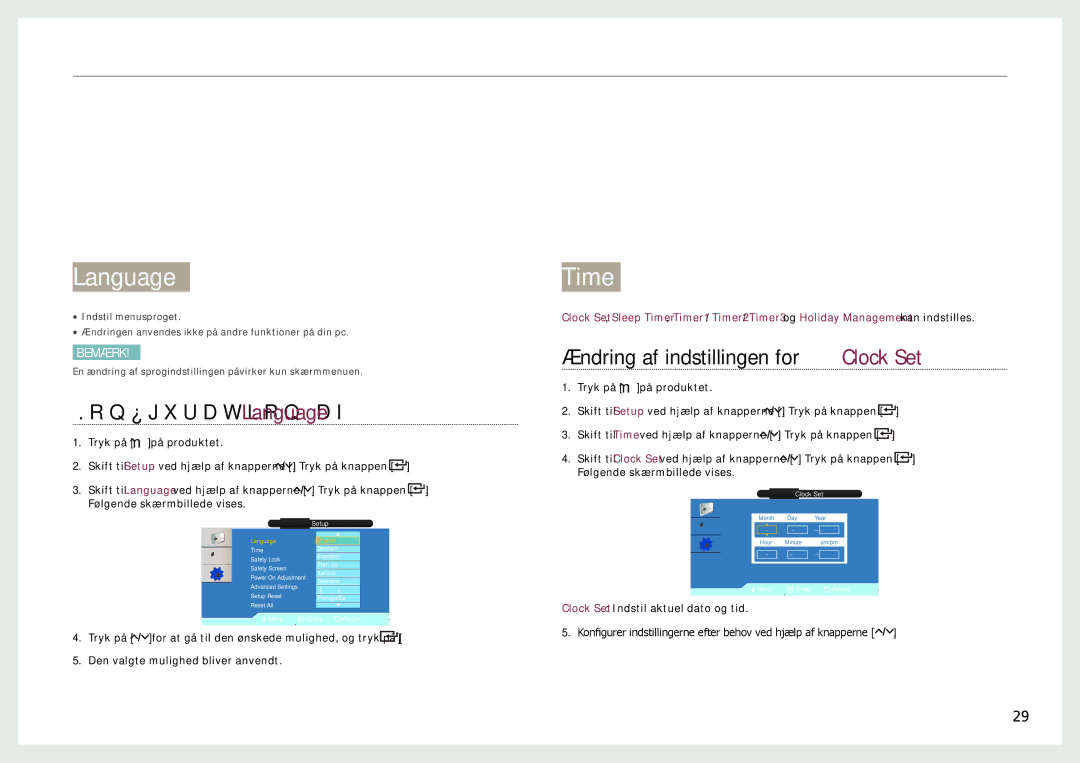 Samsung LH22NLBVLVC/EN manual Konfiguration af Language, Ændring af indstillingen for Clock Set 