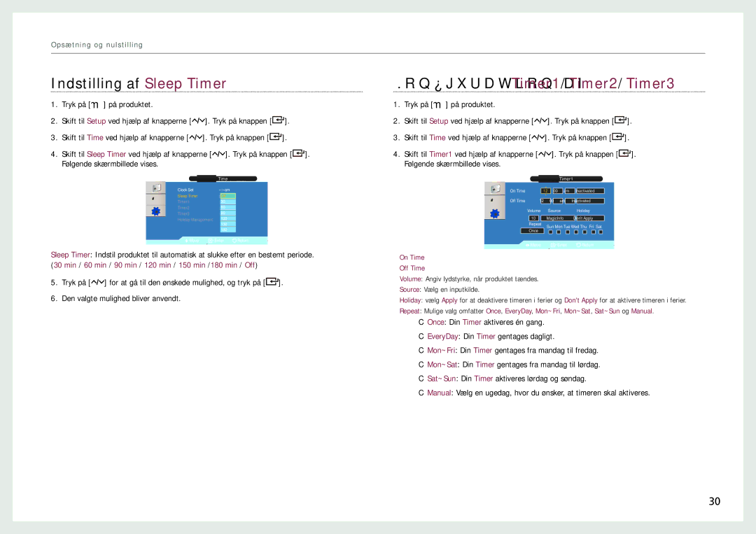 Samsung LH22NLBVLVC/EN manual Indstilling af Sleep Timer, Konfiguration af Timer1/Timer2/Timer3 